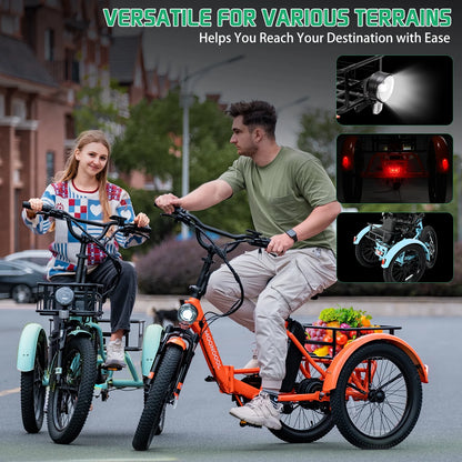 MOONCOOL TK1 Folding Electric Tricycle for Adults,48V 14.5Ah Removable battery, 500W（Peak 1000w）Motor, 20" Fat Tire Step-Thru 3Wheel Electric Bicycle w/Front&Rear Baskets, Certified to UL 2849 by SGS