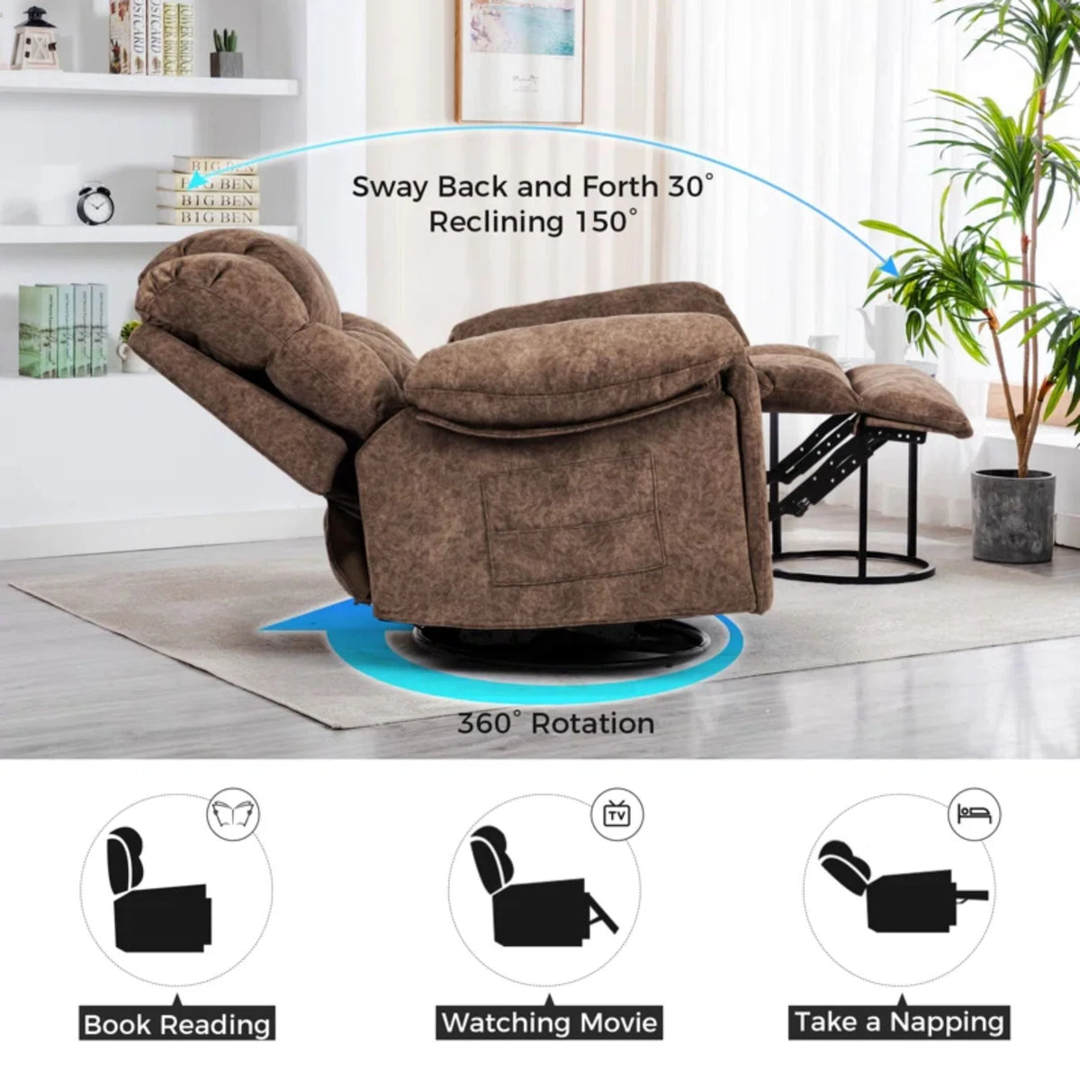 Colerline 35.43" Wide Modern Velvet Upholstered Heating & Massage Swivel Reclining Rocker Chair with Hidden Cupholders for Living Room and Bedroom, Brown