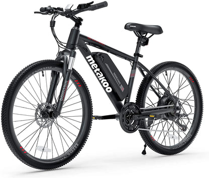 Metakoo 26 In. Mountain Electric Bicycle, 350 W Motor, 3 Hours Fast Charge, 36V Removable Battery, 20Mph with 21 Speed Gears, Black