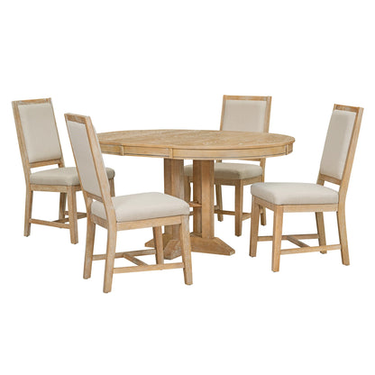 5 Piece Round Dining Table Set, Dining Room Set with Extendable Table and 4 Upholstered Chairs, Wood Dining Table Set for 4, Farmhouse Dining Table Set for Kitchen Dining Room Dorm Apartment, Brown