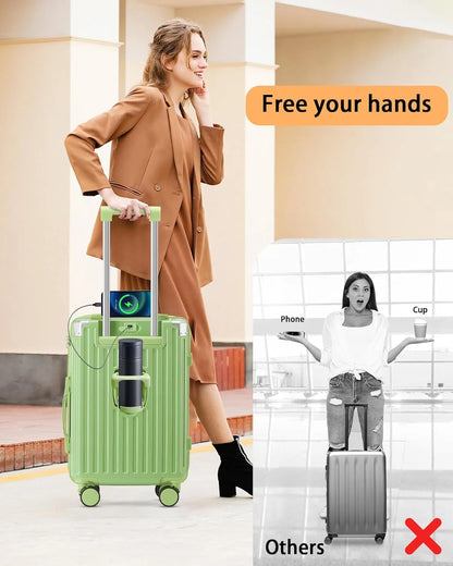 20 Inch Carry On Luggage With Cup Holder & USB Port, Airline Approved TSA-locked Luggage, Lightweight PC Material Travel Suitcase With 360 Spinner Wheel