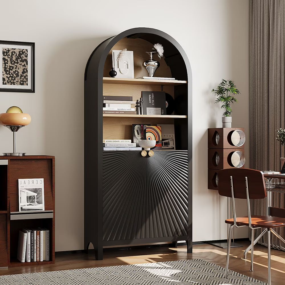 MIDOQIN 5-Tier Black Arched Bookshelf, 61" Tall Arched Bookcase with Storage Shelves and Door