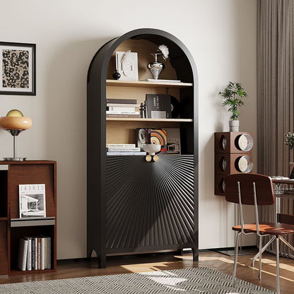 MIDOQIN 5-Tier Black Arched Bookshelf, 61" Tall Arched Bookcase with Storage Shelves and Door