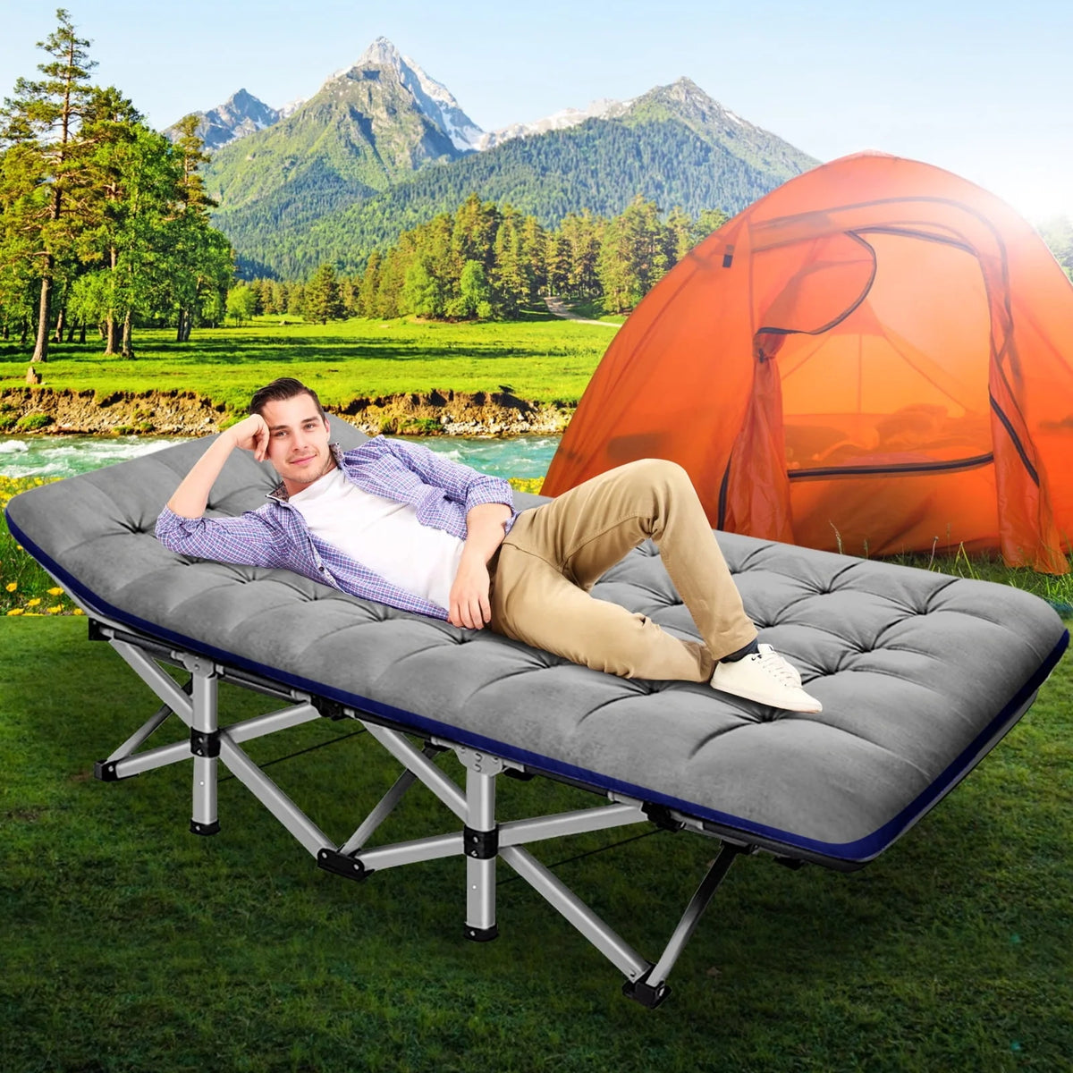 Slsy Folding Camping Cot for Adults, Folding Cot Bed for Sleeping with 2 Sided Mattress & Carry Bag, Tent Cot, Supports 880 lbs