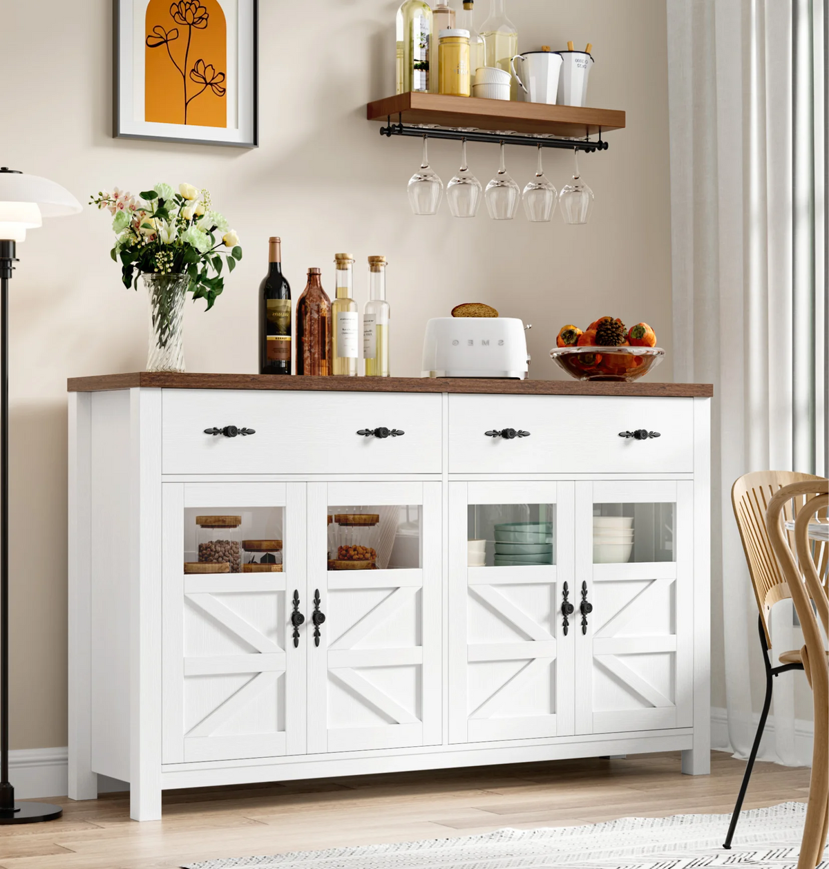 Homfa Farmhouse 55.1"WKitchen Buffet Cabinet with Storage Drawer & Adjustable Shelf, Glass Door Wood Sideboard Credenza Coffee Bar with for Dining Room Living Room, White & Black