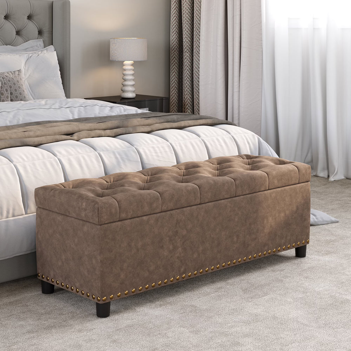 BELLEZE Button-Tufted Faux Leather Storage Ottoman Bench - Brentwood (Dark Brown)