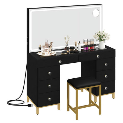 Uforic 55" Vanity Desk with Lighted Mirror & Power Outlet & 8 Drawers, Modern Makeup Vanity Table Set with Storage Stool, White