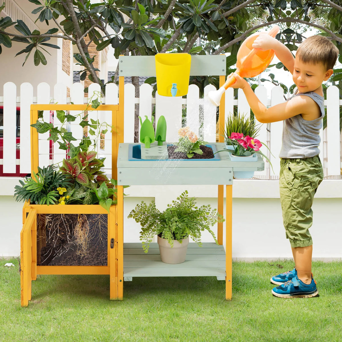 Gymax Wooden Potting Bench for Kids w/ See-Through Window Planter Box Garden Trellis