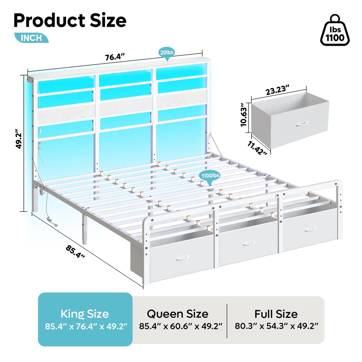 Pinmoco LED Queen Bed Frame with 49.2" High Storage Headboard and 4 Drawers, Adjustable Base Height Metal Platform Bed with Charging Station, Rustic