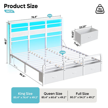 Pinmoco LED Queen Bed Frame with 49.2" High Storage Headboard and 4 Drawers, Adjustable Base Height Metal Platform Bed with Charging Station, Rustic