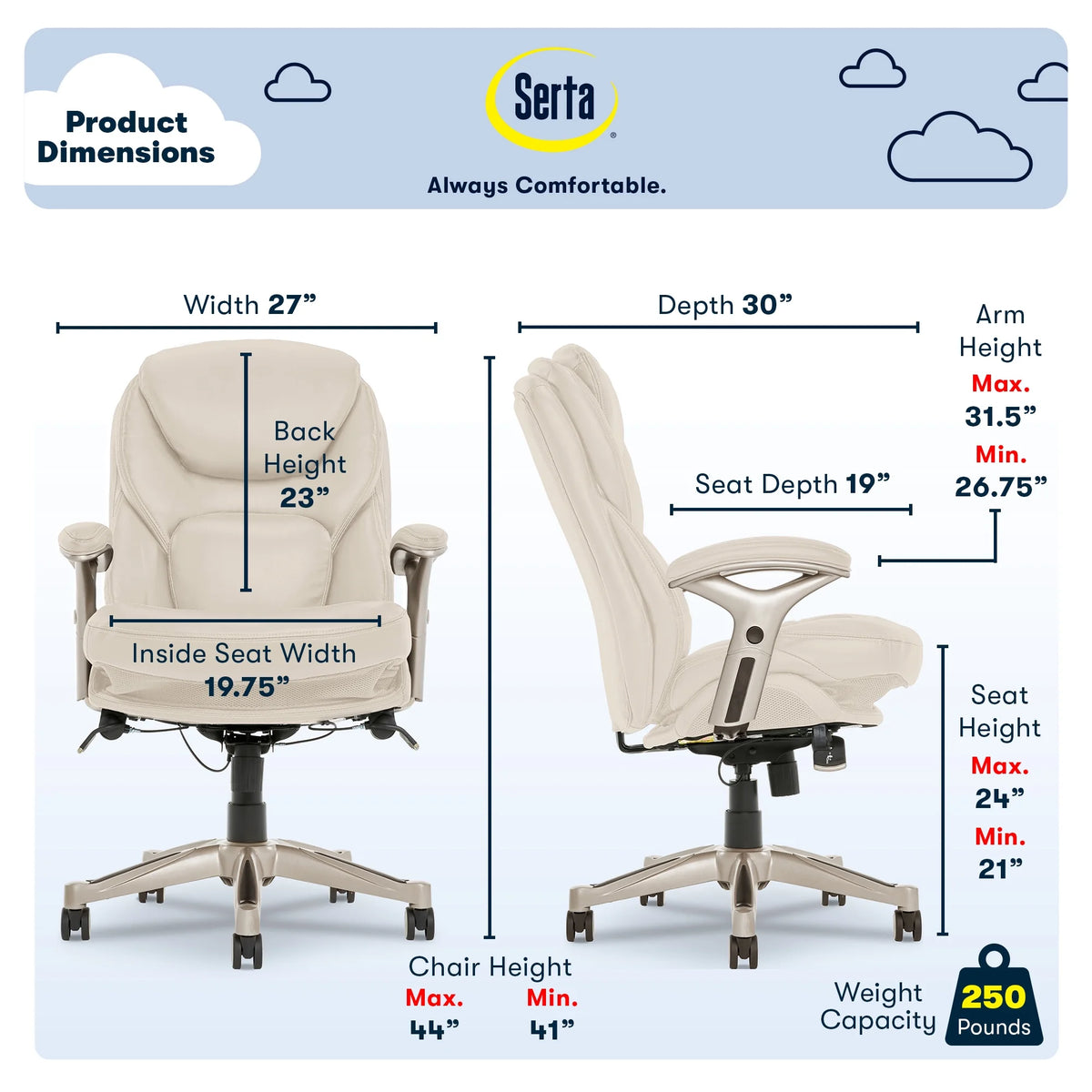 Serta Back in Motion Technology Fabric Executive Office Chair, Light Gray