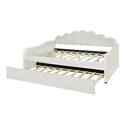 EUROCO Upholstery Full Size Platform Bed, Upholstered Daybed with Headboard and Trundle, Beige