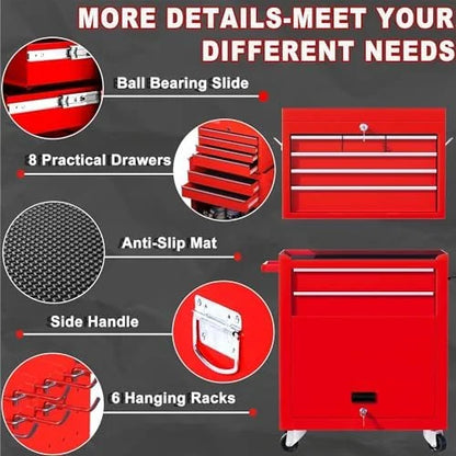 8-Drawer Rolling Tool Chest with Detachable Top Tool Box, Lockable Metal Tool Cabinet, and Liner, Heavy-Duty Storage Organizer with Wheels and 6 Hooks for Garage, Workshop, Green