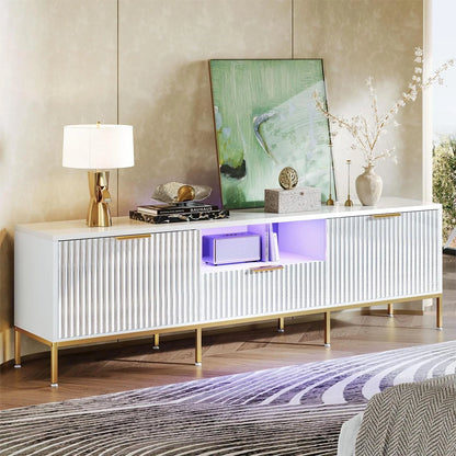 Bestier 55" LED TV Stand for TVs up to 60" Modern High Gloss Entertainment Center with Drawers Cabinets Fluted TV Console, White & Gold