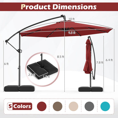 Costway 10 FT Solar Offset Hanging Umbrella Patio Cantilever Umbrella with 32 LED Lights Brown