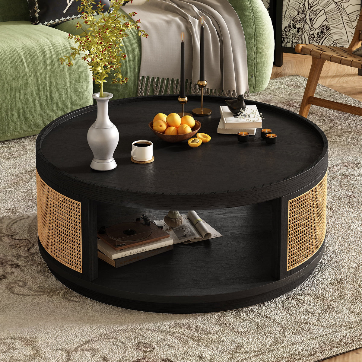 Harper & Bright Designs Rattan Round Coffee Table with Storage Shelf, Round Cane Wood Center Table for Living Room, 37'' Brown