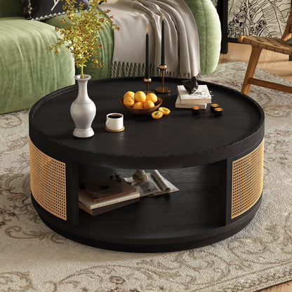 Harper & Bright Designs Rattan Round Coffee Table with Storage Shelf, Round Cane Wood Center Table for Living Room, 37'' Brown