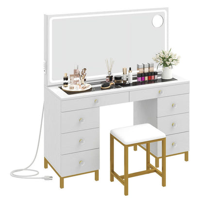 Uforic 55" Vanity Desk with Lighted Mirror & Power Outlet & 8 Drawers, Modern Makeup Vanity Table Set with Storage Stool, White