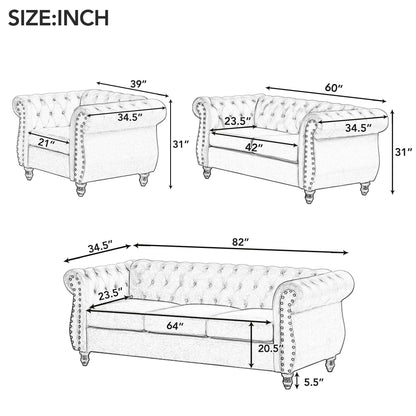 Classic 3 Seater Button Tufted Sofa, Upholstered Couch with Nailhead Rolled Arms Removable Cushions for Living Room Office Bedroom