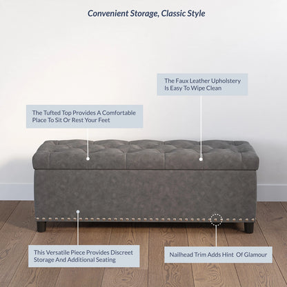 BELLEZE Button-Tufted Faux Leather Storage Ottoman Bench - Brentwood (Dark Brown)