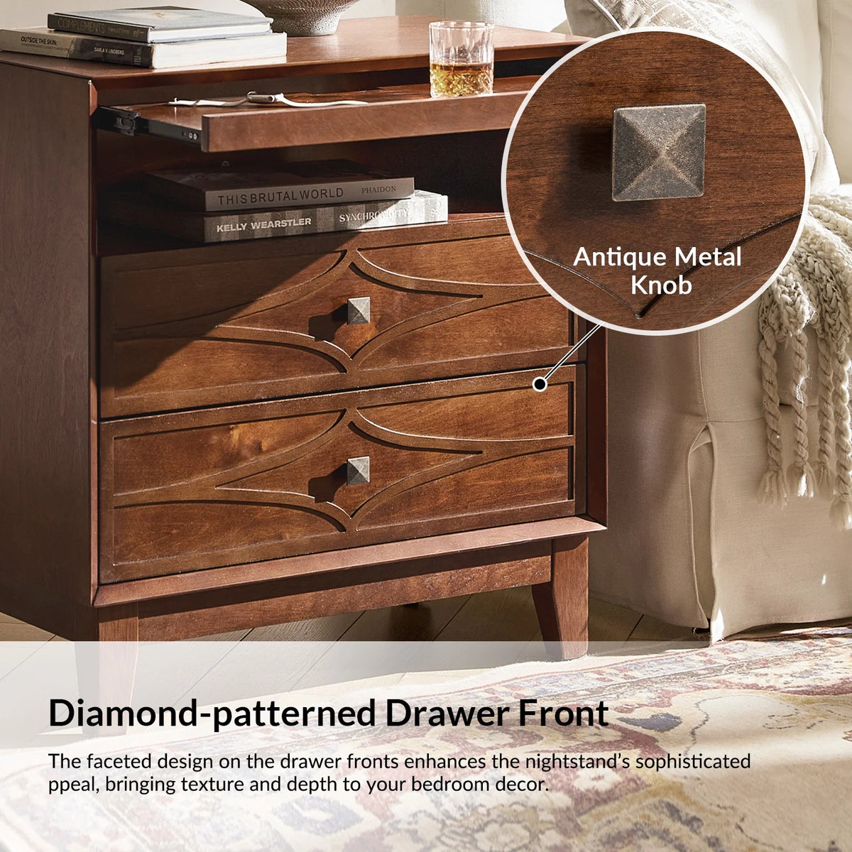 3-Drawer Modern Nightstand with Open Compartment Charging Station Metal Knob for Bedroom Walnut