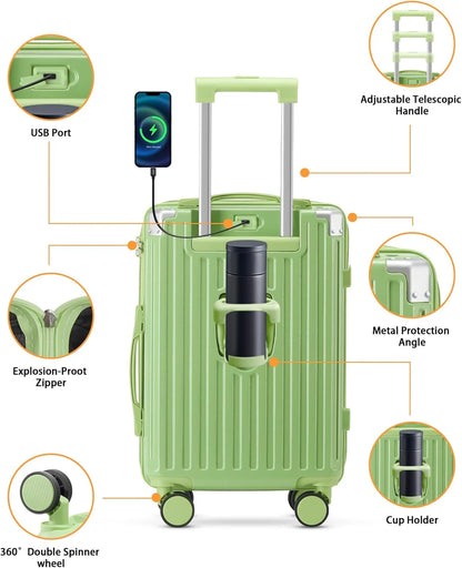 20 Inch Carry On Luggage With Cup Holder & USB Port, Airline Approved TSA-locked Luggage, Lightweight PC Material Travel Suitcase With 360 Spinner Wheel