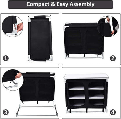 Cook Table Kitchen Station with Storage Organizer and Carrying Bag, for BBQ Party, Picnics, Backyards, Tailgating, Portable, Black