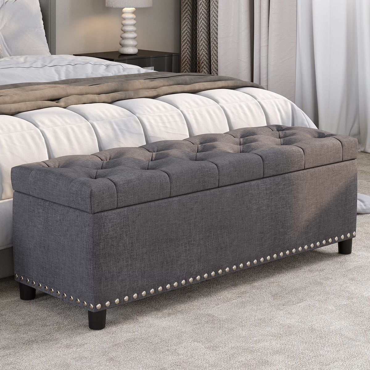 BELLEZE Button-Tufted Faux Leather Storage Ottoman Bench - Brentwood (Dark Brown)