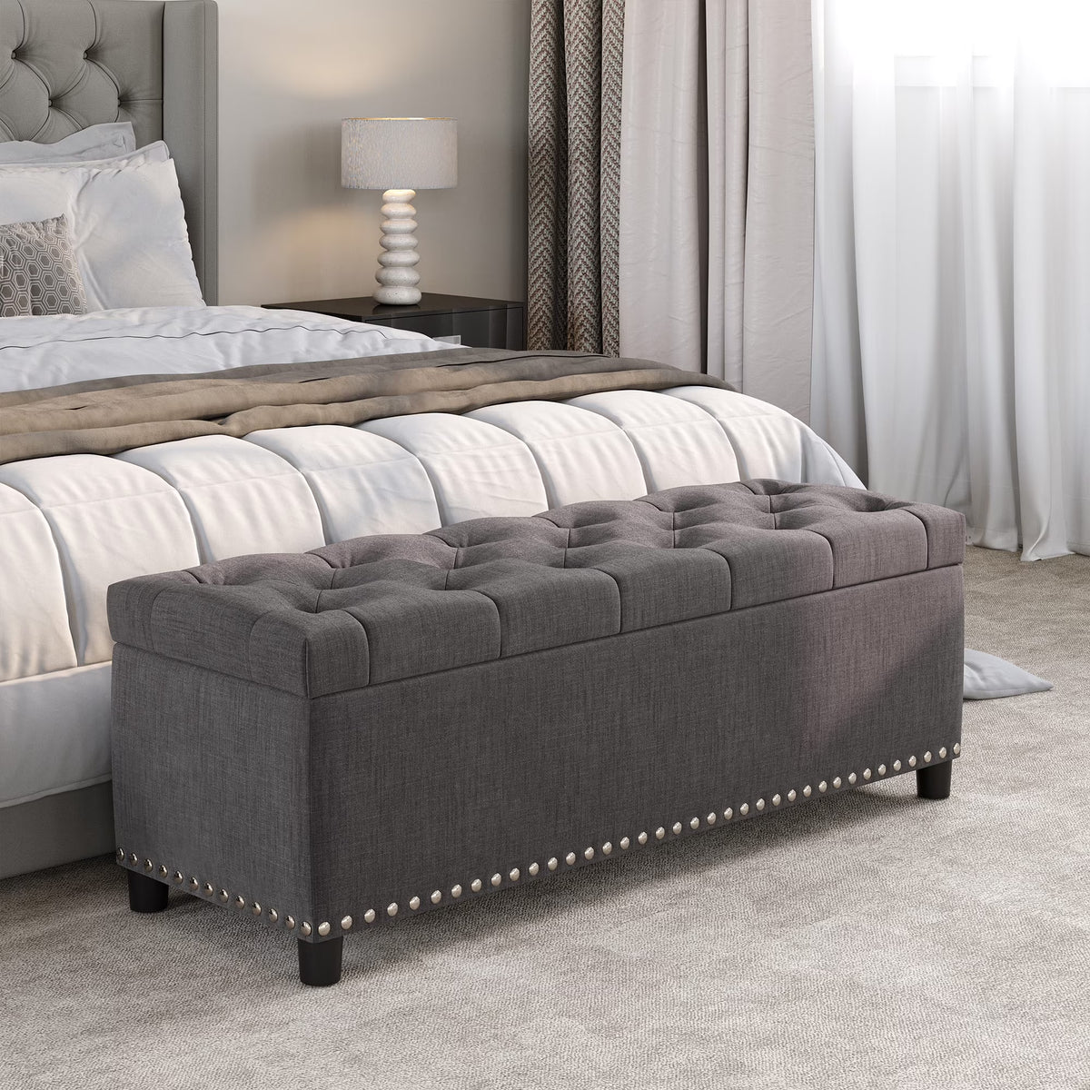 BELLEZE Button-Tufted Faux Leather Storage Ottoman Bench - Brentwood (Dark Brown)