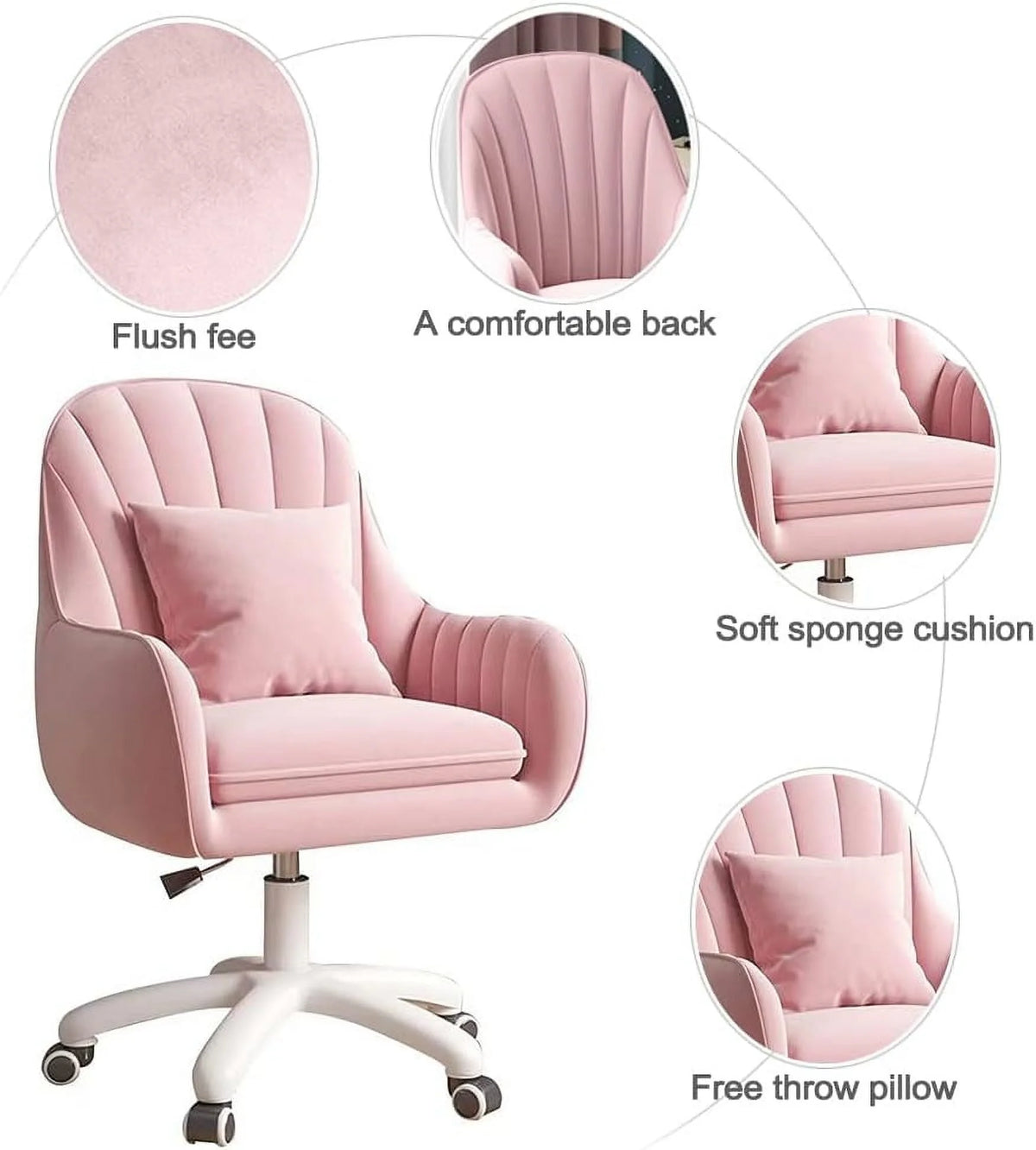 Home Office Chair Computer Chair with Mid-Back Upholstered Modern Tufted Computer Task Chair Swivel Height Adjustable Velvet Accent Chair. White