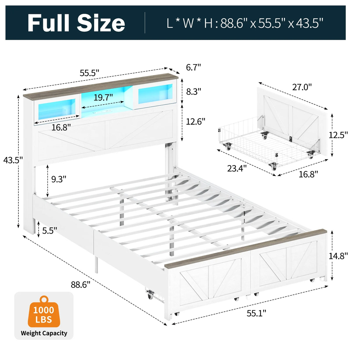 Full Size Bed Frame with Headboard, Full Bed Frame with Charging Station, LED Beds with 2 Storage Drawers,  Wood Farmhouse Bedframe, White