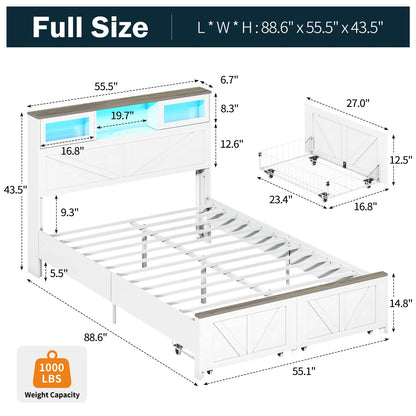 Full Size Bed Frame with Headboard, Full Bed Frame with Charging Station, LED Beds with 2 Storage Drawers,  Wood Farmhouse Bedframe, White