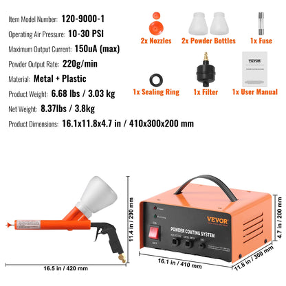 VEVOR Powder Coating System, 50KV Electrostatic Output Powder Coating Kit with Foot Switch, Spray Gun, Nozzles and Powder Cups, Powder Coating Equipment for Home DIY and Commercial Production