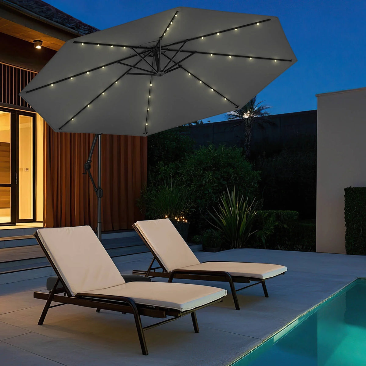 Costway 10 FT Solar Offset Hanging Umbrella Patio Cantilever Umbrella with 32 LED Lights Brown