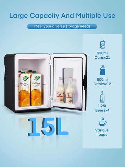 15L Mini Fridge, 21 Can Bedroom Refrigerator, Portable Cooler &Warmer, Beverage & Skincare, 110V/12V, Black