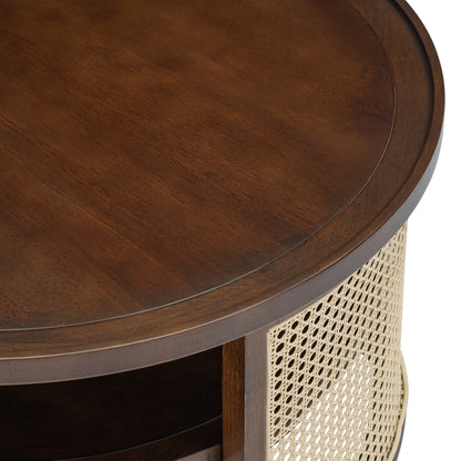 Harper & Bright Designs Rattan Round Coffee Table with Storage Shelf, Round Cane Wood Center Table for Living Room, 37'' Brown