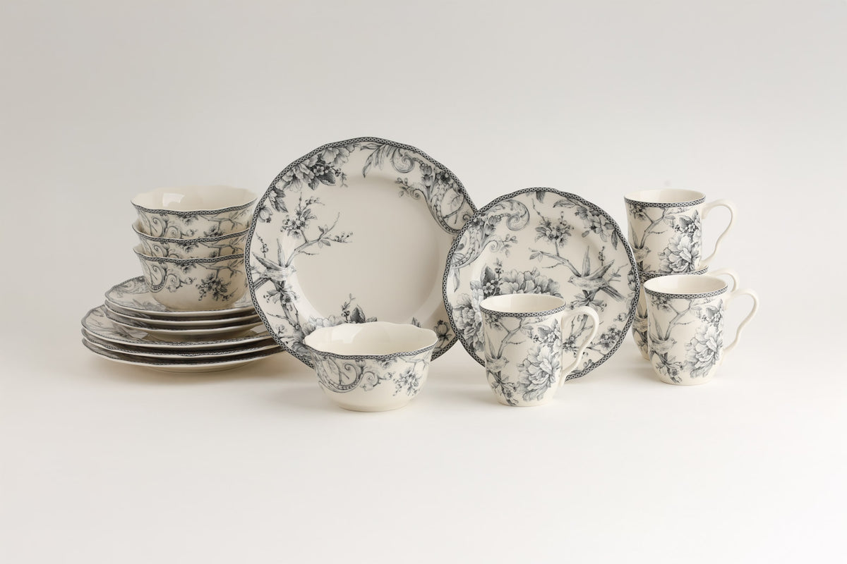 222 Fifth Adelaide Round 16-Piece Porcelain Dinnerware Set, Black Toile