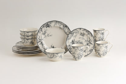 222 Fifth Adelaide Round 16-Piece Porcelain Dinnerware Set, Black Toile