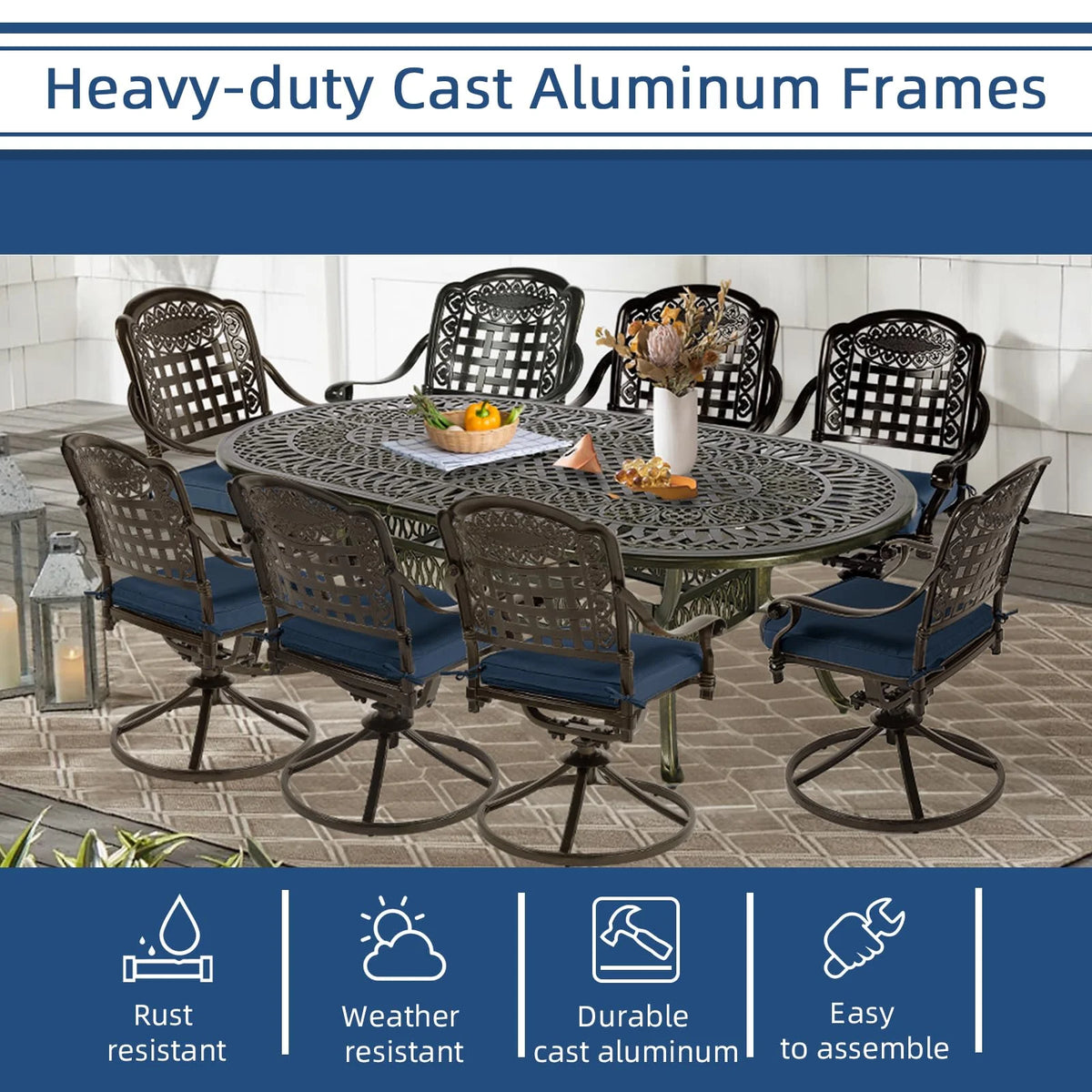 9-Piece Patio Cast Aluminum Dining Set, 8 Person Outdoor Dining Furniture Set, includes 84" Oval Table and 8 Swivel Dining Chairs with Umbrella Hole for Patio Deck Garden, Tan