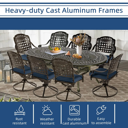 9-Piece Patio Cast Aluminum Dining Set, 8 Person Outdoor Dining Furniture Set, includes 84" Oval Table and 8 Swivel Dining Chairs with Umbrella Hole for Patio Deck Garden, Tan