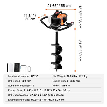 KFFKFF Gas Earth Auger, 52CC 1450W, includes 8 Drill Bit & Extension Rod, Ideal for Garden, Farmland Fence Installation, Orange & Black