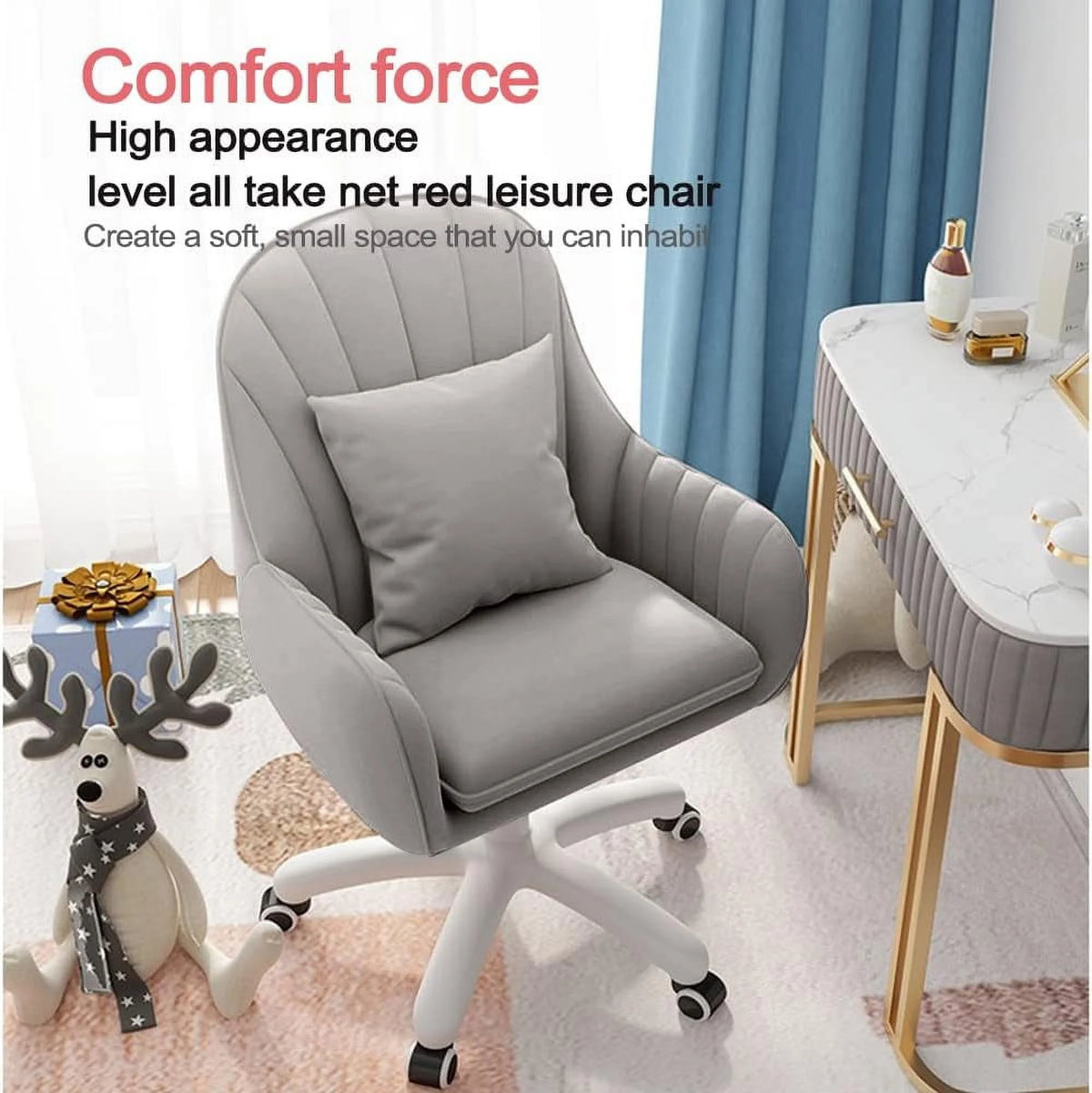Home Office Chair Computer Chair with Mid-Back Upholstered Modern Tufted Computer Task Chair Swivel Height Adjustable Velvet Accent Chair. White