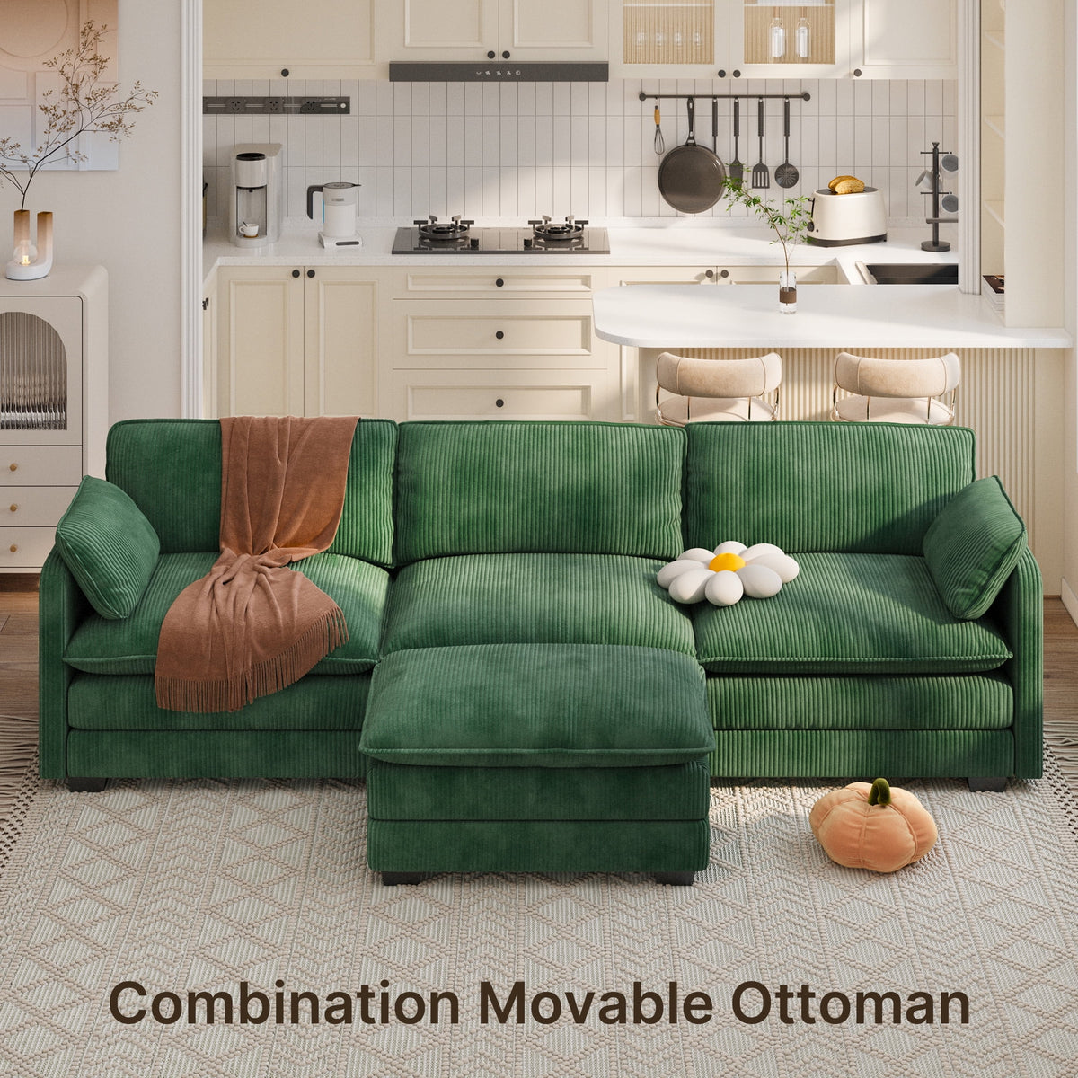 Lofka 110 Modular Sectional Sofa Bed with Double Layer Cushions and Movable Ottoman, Modern Comfy Cloud Couch for Living Room, DIY Combination, Green