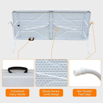 Folding Table with Carry Handle, Portable Fold-in-Half Plastic Table, Rectangle Foldable Table for Indoor