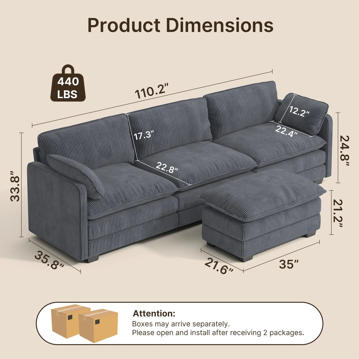 Lofka 110 Modular Sectional Sofa Bed with Double Layer Cushions and Movable Ottoman, Modern Comfy Cloud Couch for Living Room, DIY Combination, Green