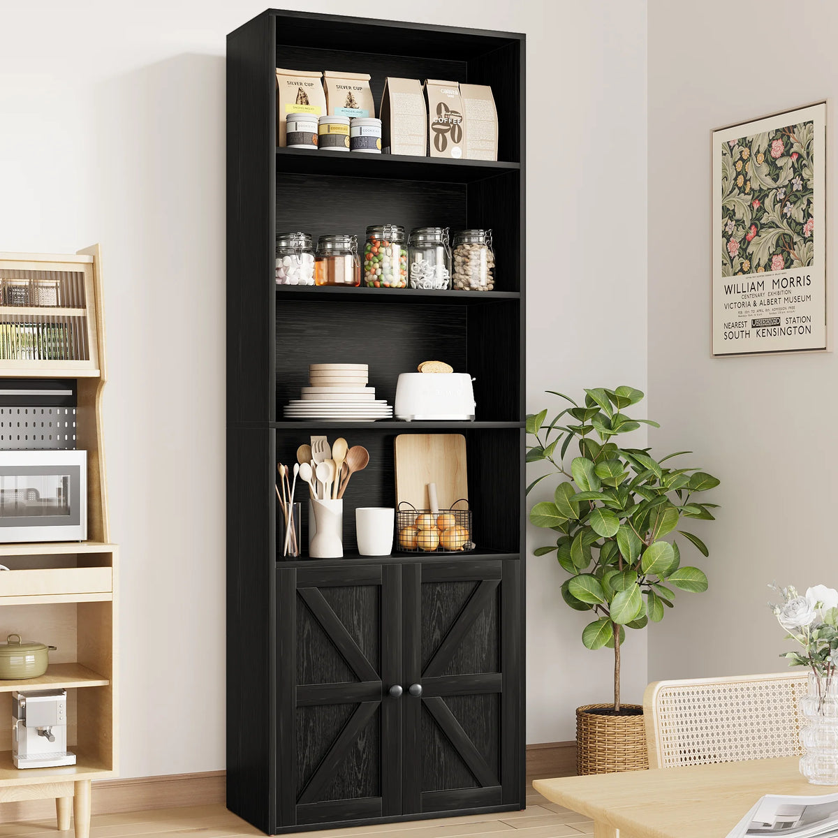 Furmax 1 Piece 4-Shelf Farmhouse Bookcases 4-Tier Bookshelf with Adjustable Shelves&Doors,Storage Cabinet for Home Living room,Kitchen,Office,White