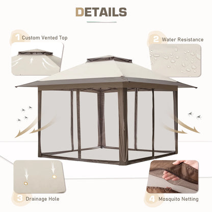 EAGLE PEAK 13' x 13' Pop-Up Gazebo Tent Instant w/Mosquito Netting，Outdoor Gazebo Canopy Easy Set-up Folding Shelter (Beige/Brown)