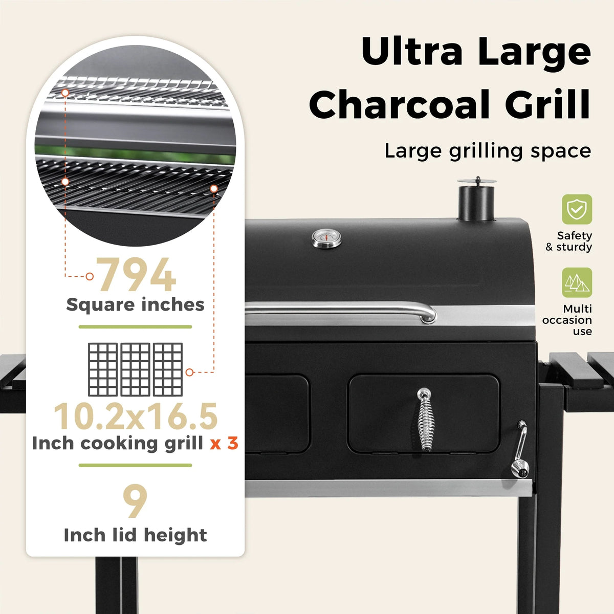 Extra Large Charcoal BBQ Grill with 794 sq. in. Cooking Area, Dual Lifting Charcoal Trays & Foldable Side Tables