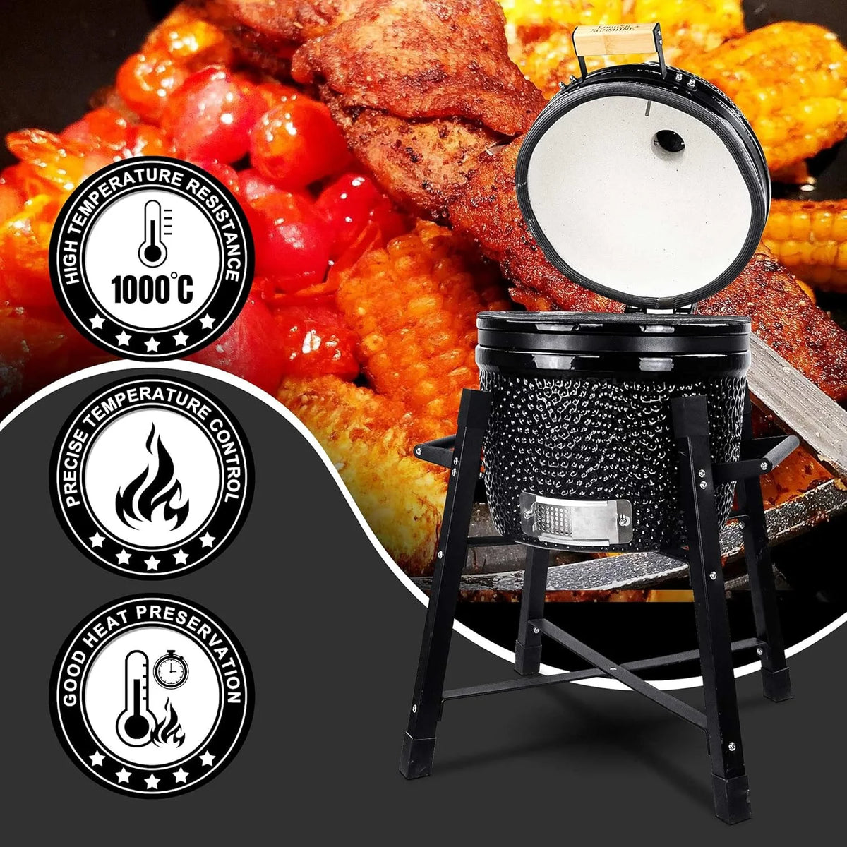 London Sunshine Ceramic Kamado Charcoal BBQ Grill -The Junior Series with Tall Stand (BLACK)