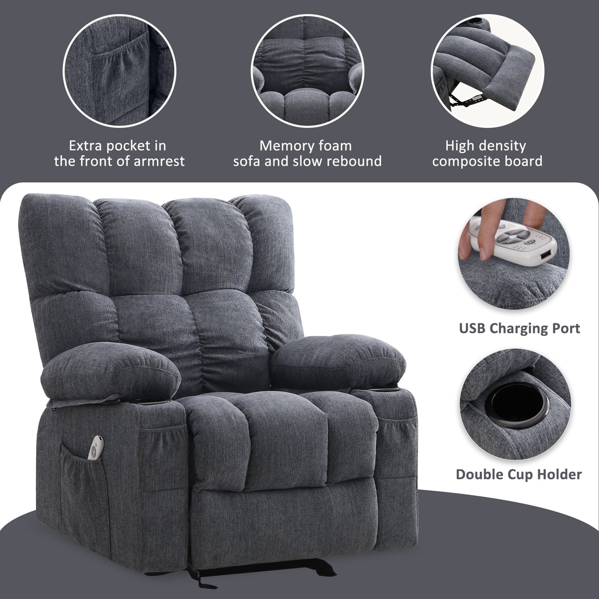 JONPONY Manual Recliner Chair with Heat Therapy and Massage Function, Heavy Duty Reclining Mechanism Massage Chair, Elderly Single Rocker Sofa with Cup Holders for Bedroom Home Theater,Grey
